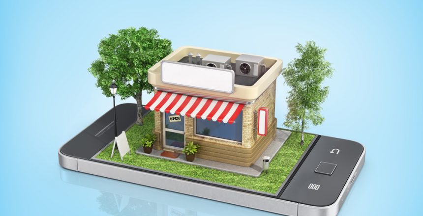 Concept of mobile store. Online store. Sale, smartphone. Beautiful shop with trees and grass in the phone display.